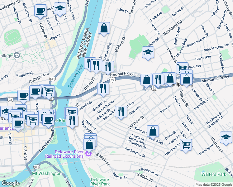 map of restaurants, bars, coffee shops, grocery stores, and more near 211 Morris Street in Phillipsburg