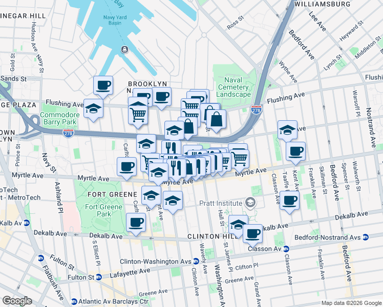 map of restaurants, bars, coffee shops, grocery stores, and more near in Brooklyn