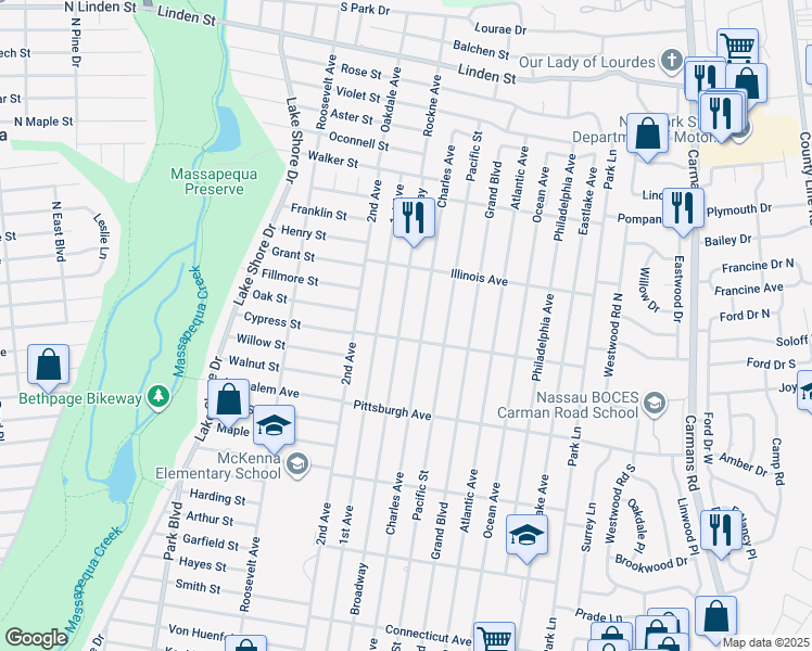 map of restaurants, bars, coffee shops, grocery stores, and more near 355 Broadway in Massapequa Park