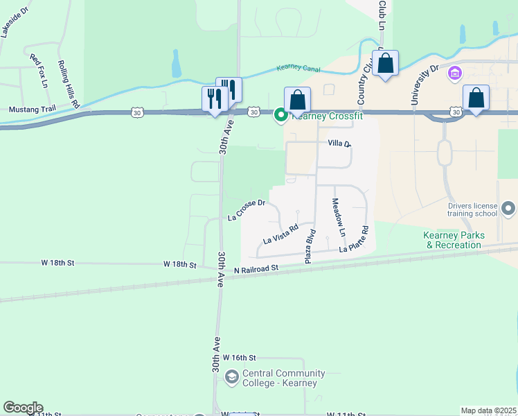 map of restaurants, bars, coffee shops, grocery stores, and more near 88 La Crosse Drive in Kearney