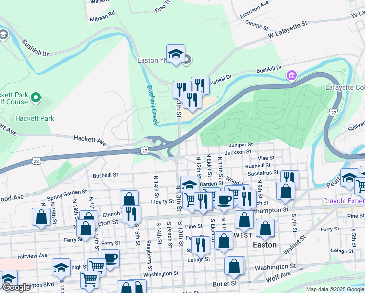 map of restaurants, bars, coffee shops, grocery stores, and more near 413 North 13th Street in Easton