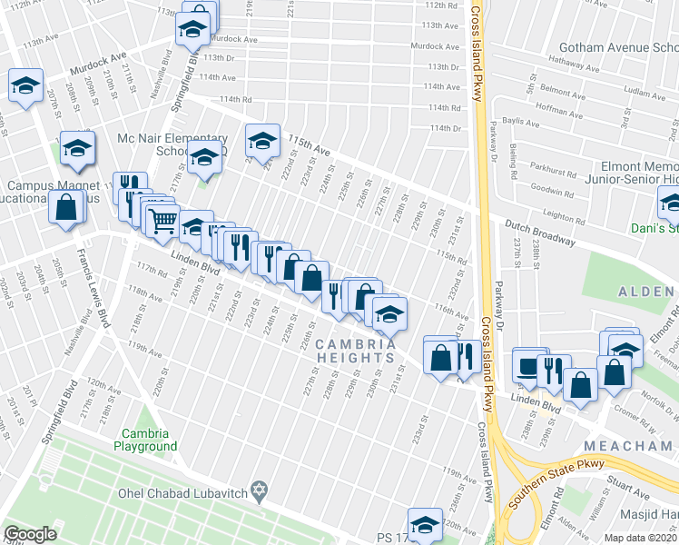 map of restaurants, bars, coffee shops, grocery stores, and more near 116-03 226th Street in Queens