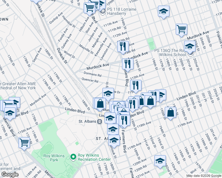 map of restaurants, bars, coffee shops, grocery stores, and more near 188-15 Tioga Drive in Queens