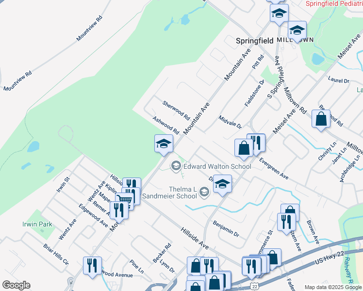 map of restaurants, bars, coffee shops, grocery stores, and more near 549 Mountain Avenue in Springfield Township