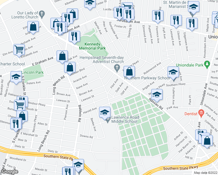 map of restaurants, bars, coffee shops, grocery stores, and more near 19 Flint Avenue in Hempstead