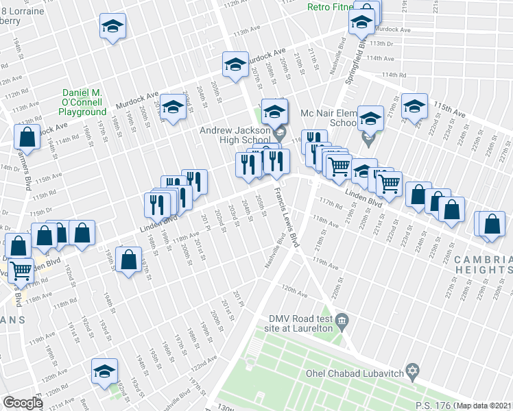 map of restaurants, bars, coffee shops, grocery stores, and more near 117-26 205th Street in Queens