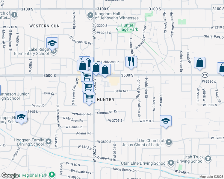 map of restaurants, bars, coffee shops, grocery stores, and more near 7092 Bello Avenue in West Valley City