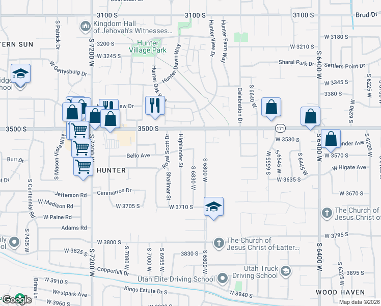 map of restaurants, bars, coffee shops, grocery stores, and more near 3560 South 6830 West in West Valley City