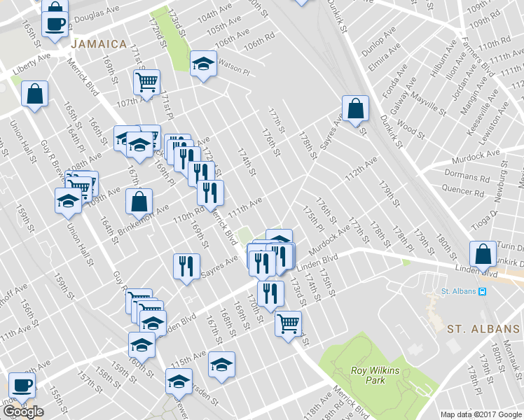 map of restaurants, bars, coffee shops, grocery stores, and more near 111-15 173rd Street in Queens