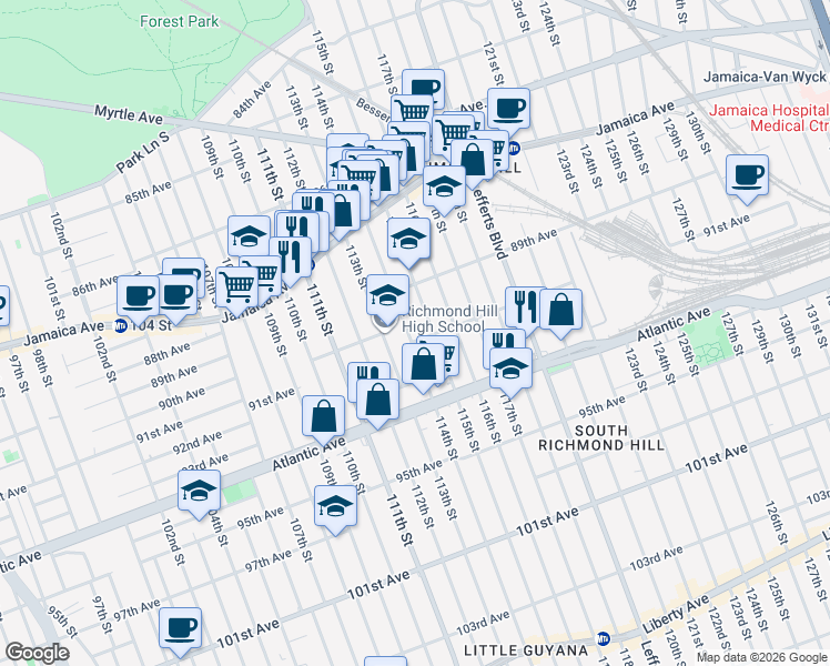 map of restaurants, bars, coffee shops, grocery stores, and more near 114-11 91st Avenue in Queens