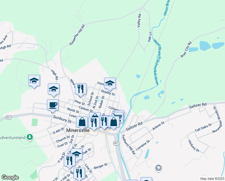 map of restaurants, bars, coffee shops, grocery stores, and more near 615 N Front St in Minersville
