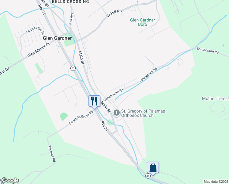 map of restaurants, bars, coffee shops, grocery stores, and more near 12 Sanatorium Road in Glen Gardner