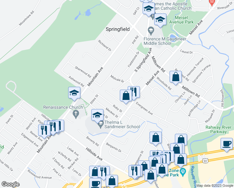 map of restaurants, bars, coffee shops, grocery stores, and more near 303 Northview Terrace in Springfield