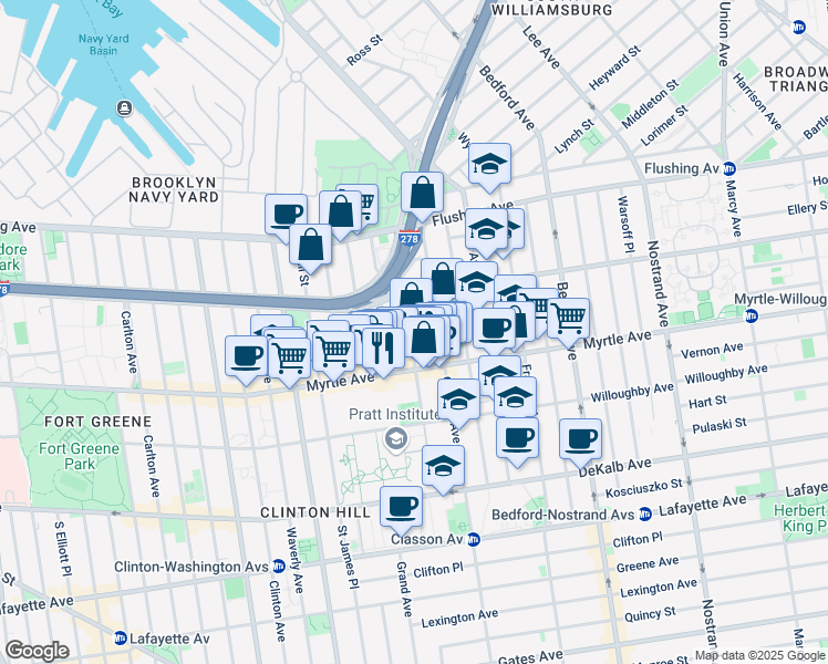 map of restaurants, bars, coffee shops, grocery stores, and more near 89 Emerson Place in Brooklyn