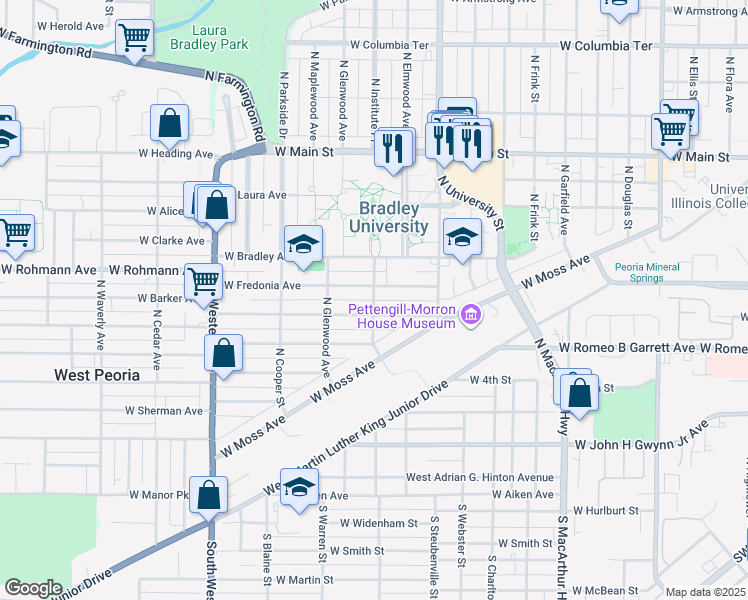 map of restaurants, bars, coffee shops, grocery stores, and more near 650 North Institute Place in Peoria