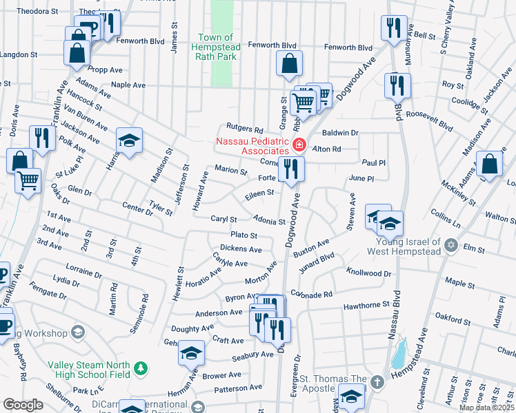 map of restaurants, bars, coffee shops, grocery stores, and more near 705 Eileen Court in Franklin Square