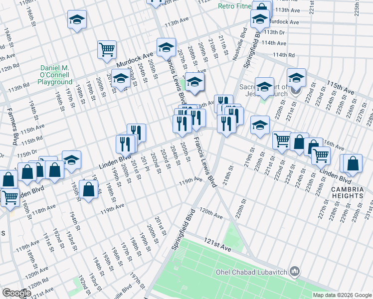 map of restaurants, bars, coffee shops, grocery stores, and more near 205-01 118th Avenue in Queens