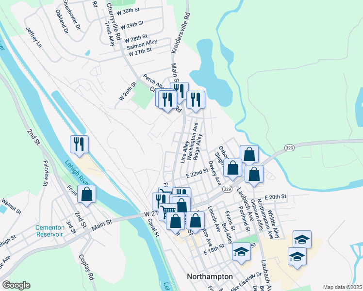 map of restaurants, bars, coffee shops, grocery stores, and more near 2325 Main Street in Northampton