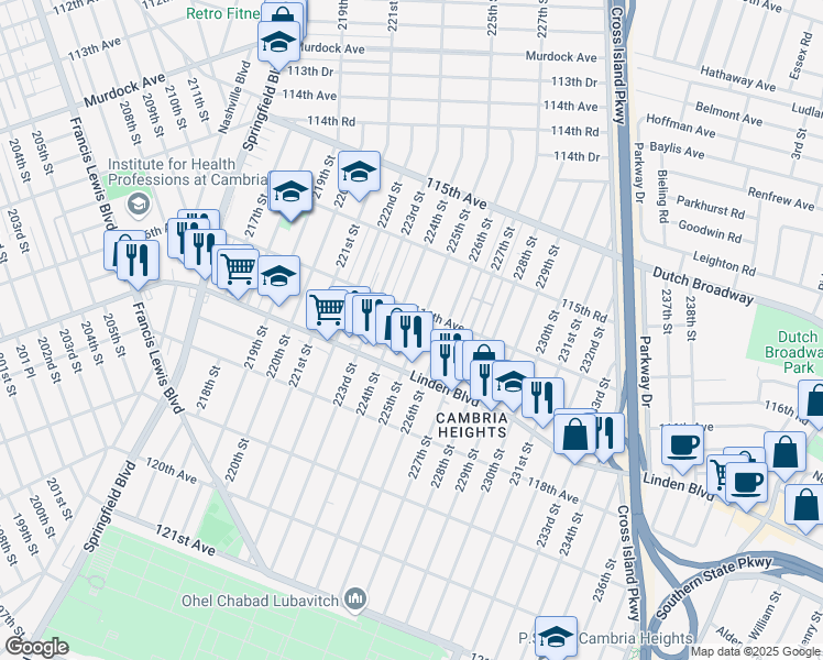 map of restaurants, bars, coffee shops, grocery stores, and more near 116-18 225th Street in Queens