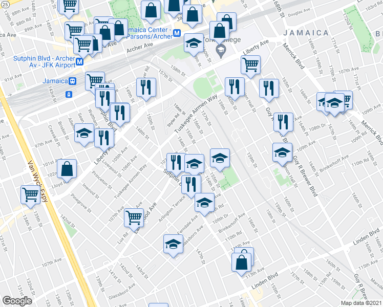 map of restaurants, bars, coffee shops, grocery stores, and more near 107-15 154th Street in Queens