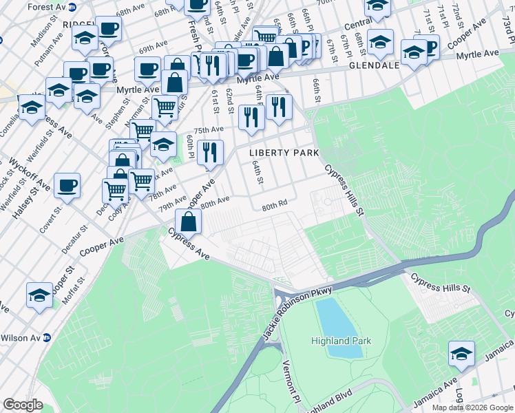 map of restaurants, bars, coffee shops, grocery stores, and more near 80-17 62nd St in Queens