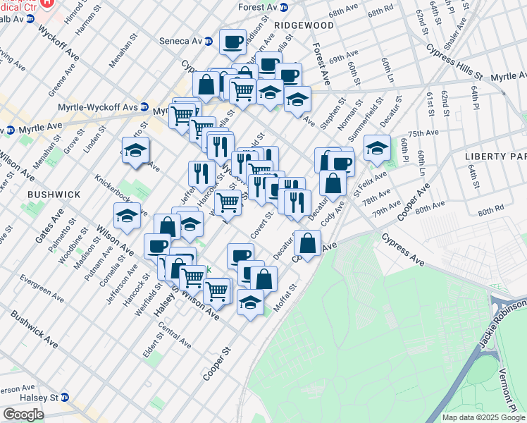 map of restaurants, bars, coffee shops, grocery stores, and more near 1001 Irving Avenue in Queens