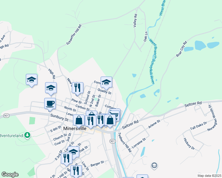 map of restaurants, bars, coffee shops, grocery stores, and more near 615 N Front St in Minersville