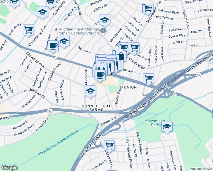 map of restaurants, bars, coffee shops, grocery stores, and more near 979 Rosemont Avenue North in Union