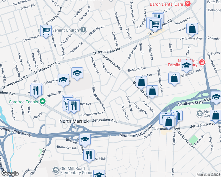 map of restaurants, bars, coffee shops, grocery stores, and more near 1803 Wilson Avenue in Merrick