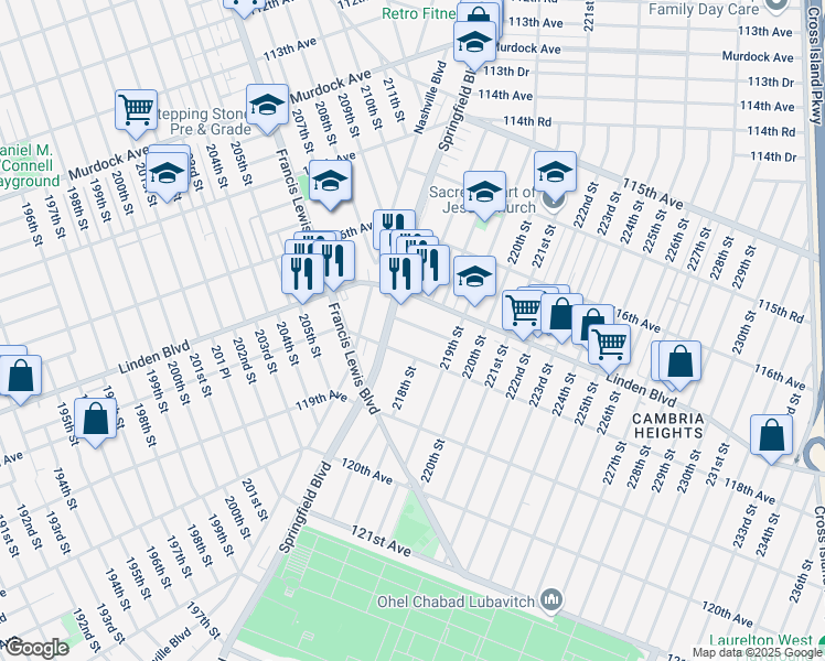 map of restaurants, bars, coffee shops, grocery stores, and more near 22 117th Road in Queens