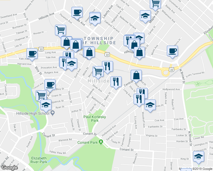 map of restaurants, bars, coffee shops, grocery stores, and more near 1298 State Street in Hillside