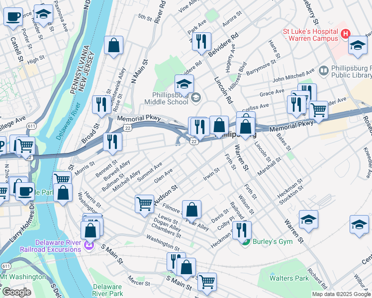 map of restaurants, bars, coffee shops, grocery stores, and more near 210 Summit Ave in Phillipsburg