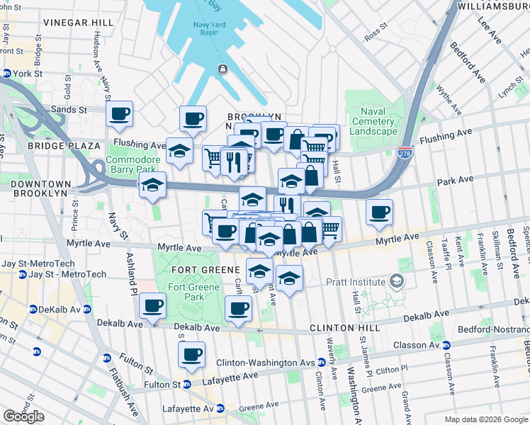 map of restaurants, bars, coffee shops, grocery stores, and more near 89 Clermont Avenue in Brooklyn