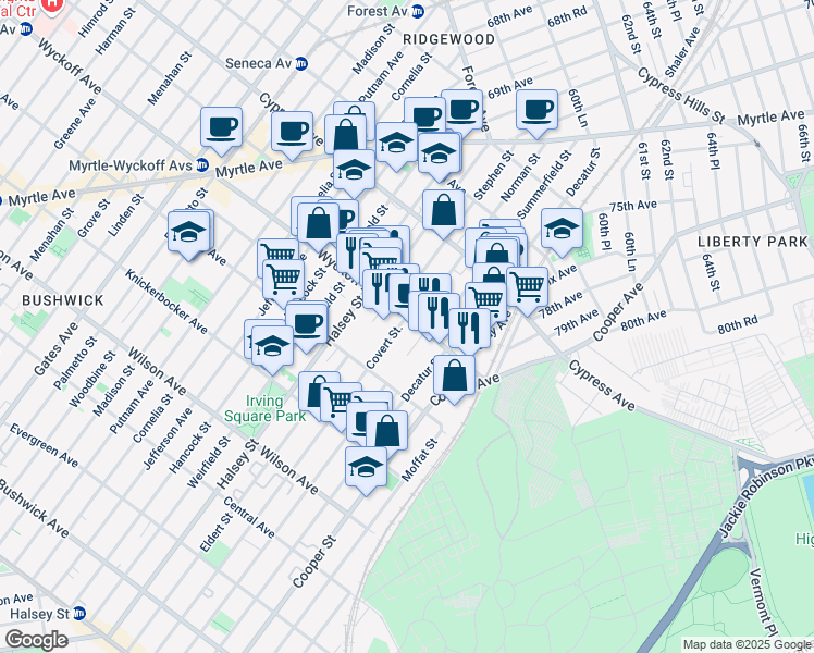 map of restaurants, bars, coffee shops, grocery stores, and more near 10-44 Wyckoff Avenue in Queens