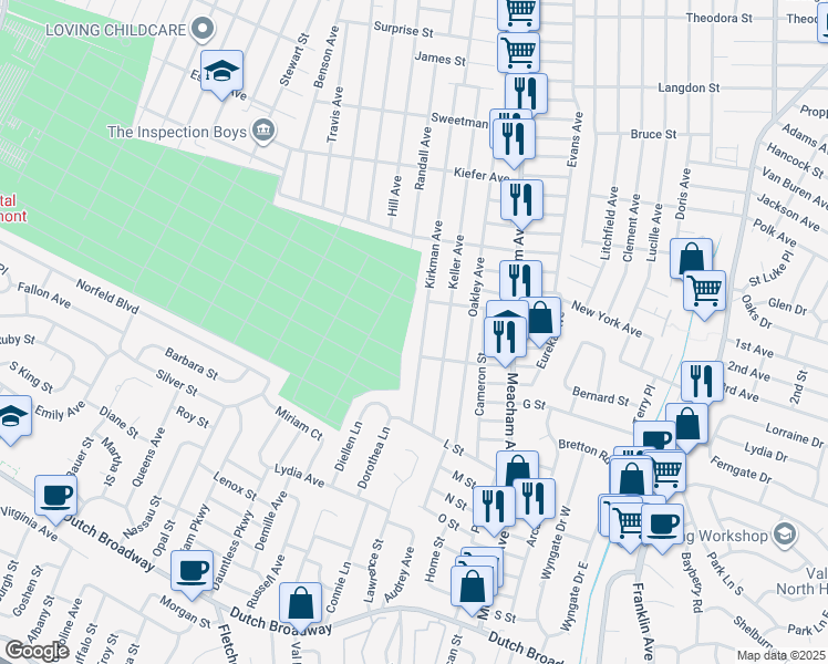 map of restaurants, bars, coffee shops, grocery stores, and more near 484 Kirkman Ave in Elmont