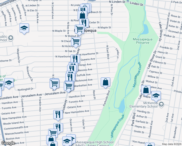 map of restaurants, bars, coffee shops, grocery stores, and more near 165 North Suffolk Avenue in Massapequa