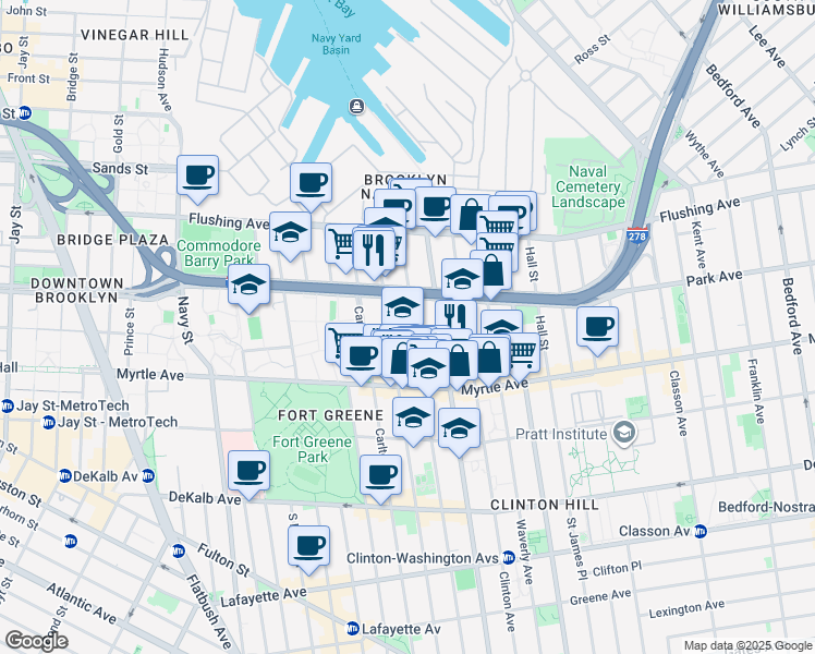 map of restaurants, bars, coffee shops, grocery stores, and more near 90 Clermont Avenue in Brooklyn
