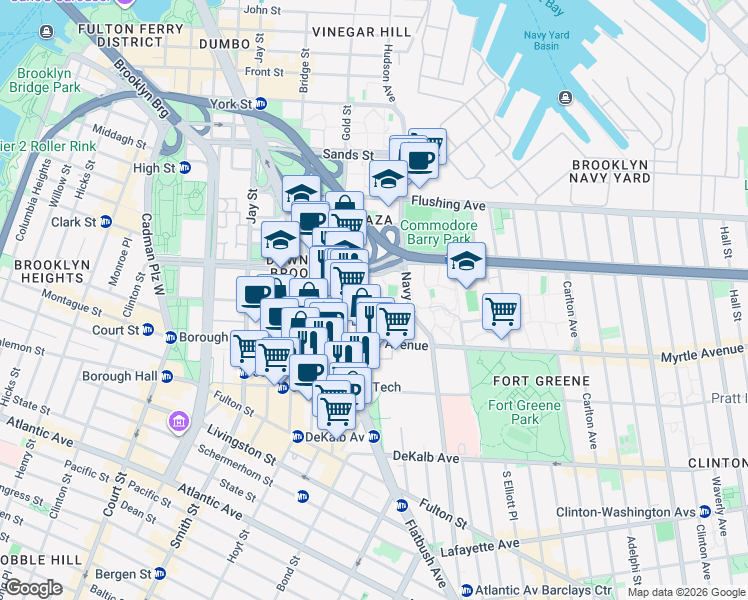 map of restaurants, bars, coffee shops, grocery stores, and more near 30 Fleet Walk in Brooklyn