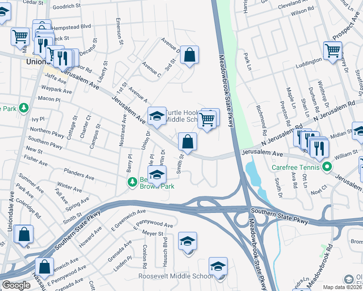 map of restaurants, bars, coffee shops, grocery stores, and more near 1041 Jerusalem Avenue in Uniondale