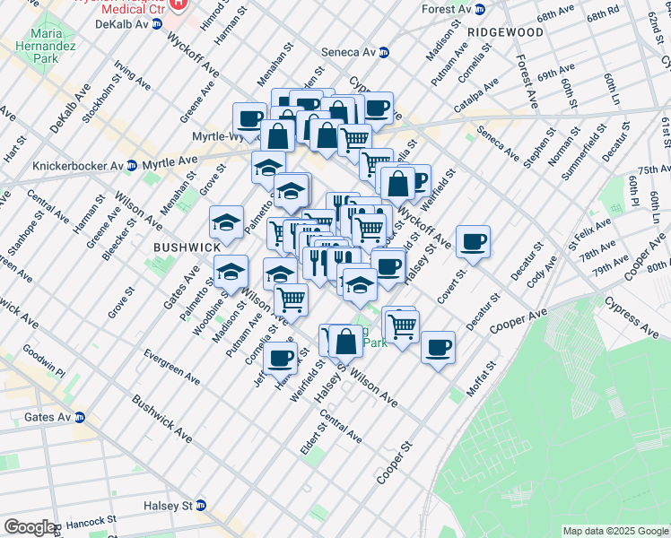 map of restaurants, bars, coffee shops, grocery stores, and more near 1391 Jefferson Avenue in Brooklyn