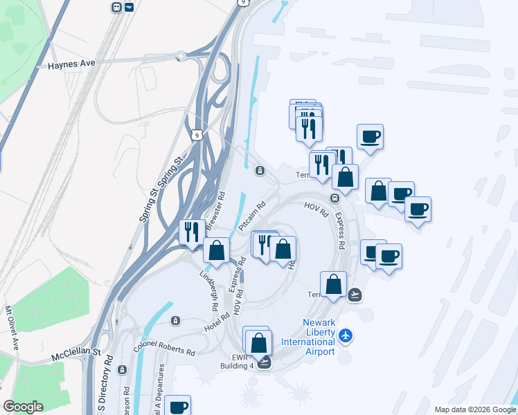 map of restaurants, bars, coffee shops, grocery stores, and more near Pitcairn Road in Newark