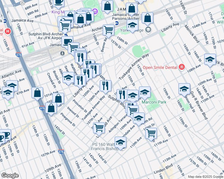map of restaurants, bars, coffee shops, grocery stores, and more near 14726 Tuskegee Airmen Way in Queens
