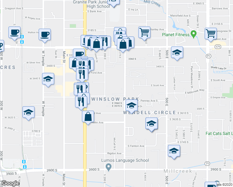 map of restaurants, bars, coffee shops, grocery stores, and more near 268 Millpoint Place in South Salt Lake