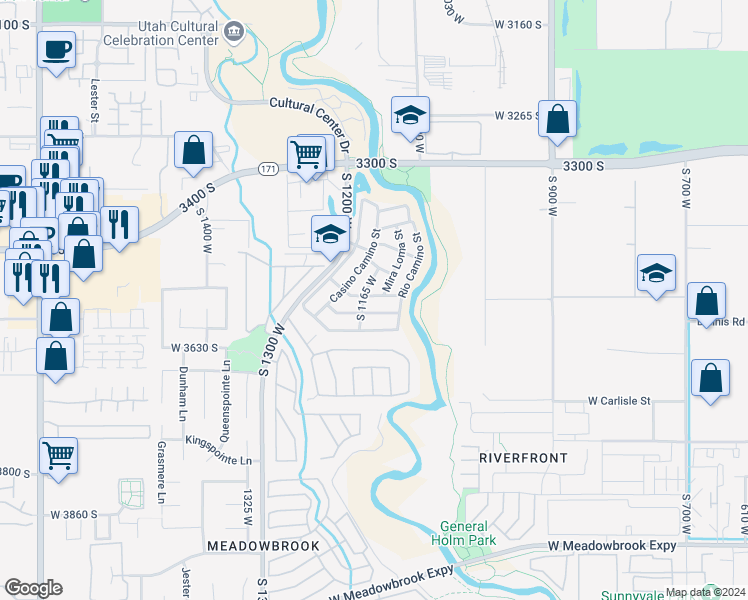map of restaurants, bars, coffee shops, grocery stores, and more near 1121 Linda Vista Drive in West Valley City