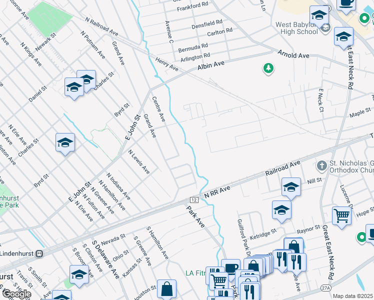 map of restaurants, bars, coffee shops, grocery stores, and more near 451 Albert Street in Lindenhurst