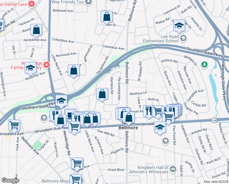 map of restaurants, bars, coffee shops, grocery stores, and more near 1076 Olympia Road in North Bellmore