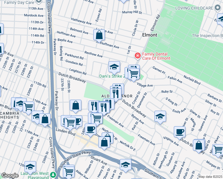 map of restaurants, bars, coffee shops, grocery stores, and more near 2136 Dutch Broadway in Elmont
