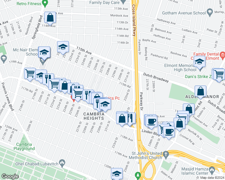 map of restaurants, bars, coffee shops, grocery stores, and more near 115-99 229th Street in Queens