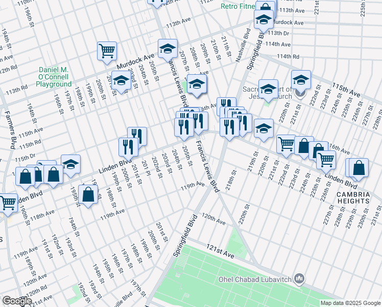 map of restaurants, bars, coffee shops, grocery stores, and more near 118-04 Francis Lewis Boulevard in Queens