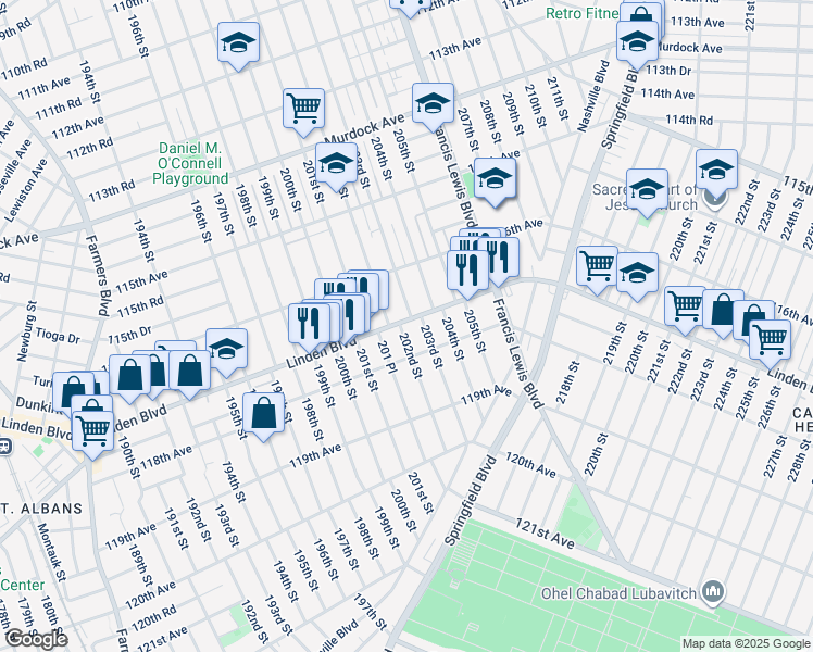 map of restaurants, bars, coffee shops, grocery stores, and more near 117-08 203rd Street in Queens